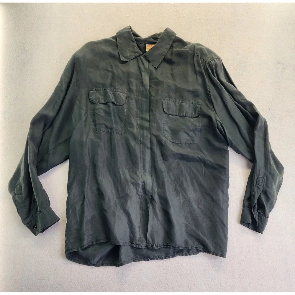 Silkage New York 100% Silk Charcoal Gray Button Down Utility Shirt Size L